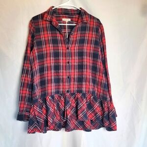 NWOT Beach Lunch Lounge Red Blue Plaid Vneck Peplum Blouse Size L